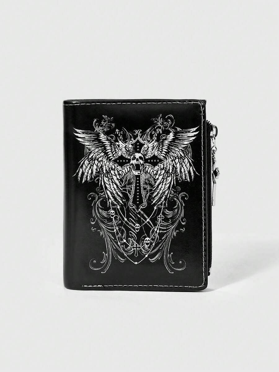 ROMWE Goth 1 pieza Monedero gótico oscuro neutro con diseño creativo de alas y cruz, bolsa de cambio con cremallera estilo punk, bolsa de tarjetas de moda casual - Cruz Alada Negra - Ver 1