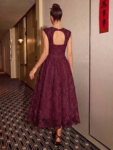 Poshira Women's Jacquard Elegant Waist-Cinching Ball Gown Dress - Burgundy - View 2