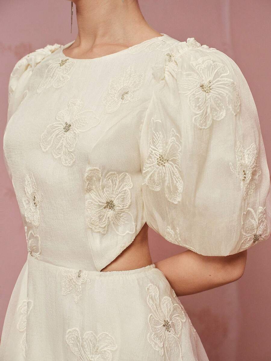 Zanirela French Romantic Elegant Date Party Girl Exquisite Heavy-Duty Gold Thread Hibiscus Embroidery Floral Fabric Round Neck Waist Cutout Backless Puff Short Sleeve A-Line Mini Dress - Apricot - View 1