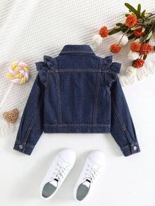SHEIN Chaqueta de mezclilla de manga larga con volantes y abotonadura sencilla para niña - Azul Marino - Ver 2