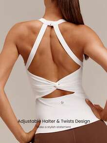 GLOWMODE FeatherFit™ Adjustable Halter Backless Twist Back Tank Top Low Impact Yoga Pilates Daily Removable Cups - White - View 4