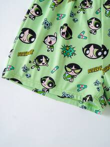 THE POWERPUFF GIRLS X SHEIN 女款卡通印花短袖上衣與短褲休閒日常居家睡衣套裝 - 白色 - 查看 6