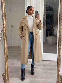 SHEIN Lady CURVE Curvy Plus Size Women's Khaki Double-Breasted Long Trench Coat,Plaid Fabric Lining Belted Lapel Jacket With Pockets,Autumn Casual Bussines Office Wear - Khaki - View 1