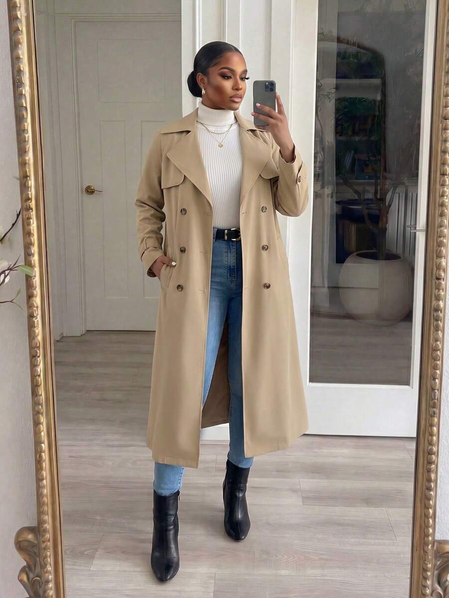 SHEIN Lady CURVE Curvy Plus Size Women's Khaki Double-Breasted Long Trench Coat,Plaid Fabric Lining Belted Lapel Jacket With Pockets,Autumn Casual Bussines Office Wear - Khaki - View 1