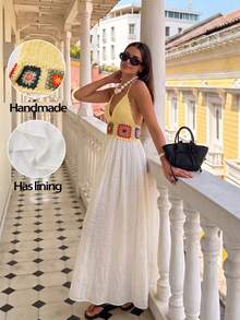 Selianne Hand-Crocheted Floral Summer Dress | Lined Flowy Dress, Open Back Tie Design, Perfect For Beach Vacation Street Style - Light Yellow - View 10