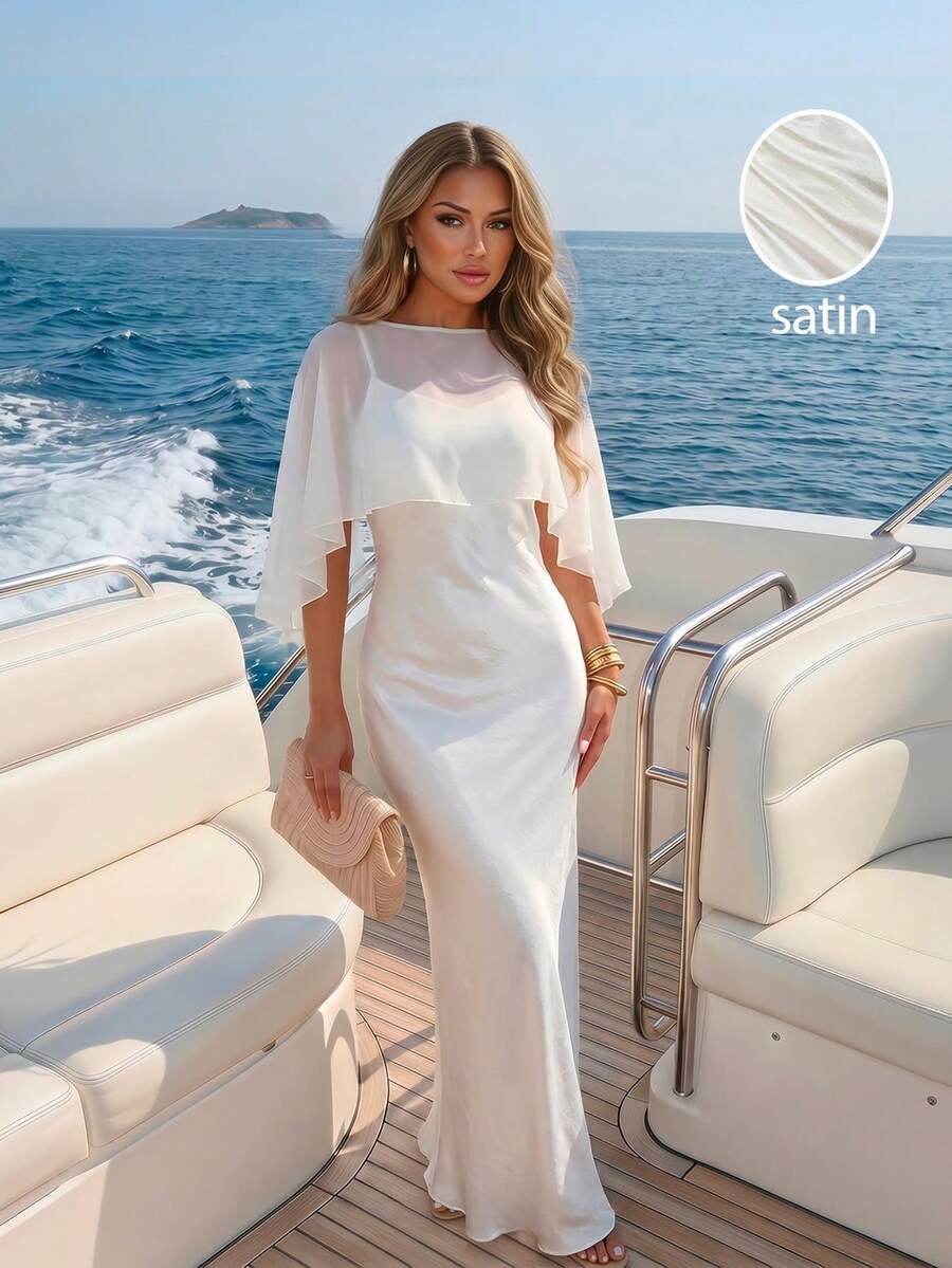 Sunnyshic Women's Autumn/Winter Champagne Satin Dress & Cover Up 2-Piece Set, Elegant Romantic Party Banquet Wedding Beach Vacation Outfit - Champagne - View 1