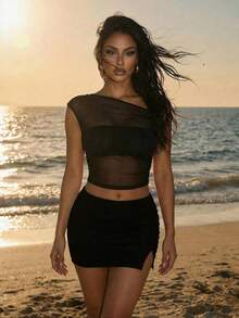 Sirith 2pcs Women Solid Color Mesh Crop Top And Mini Skirt Sexy Set - Black - View 1