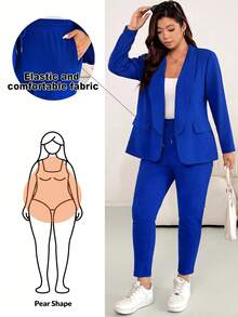 Shapeblank Plus Size Casual Commute Solid Color Jacket & Pants 2 Pieces Set Fall - Royal Blue - View 2