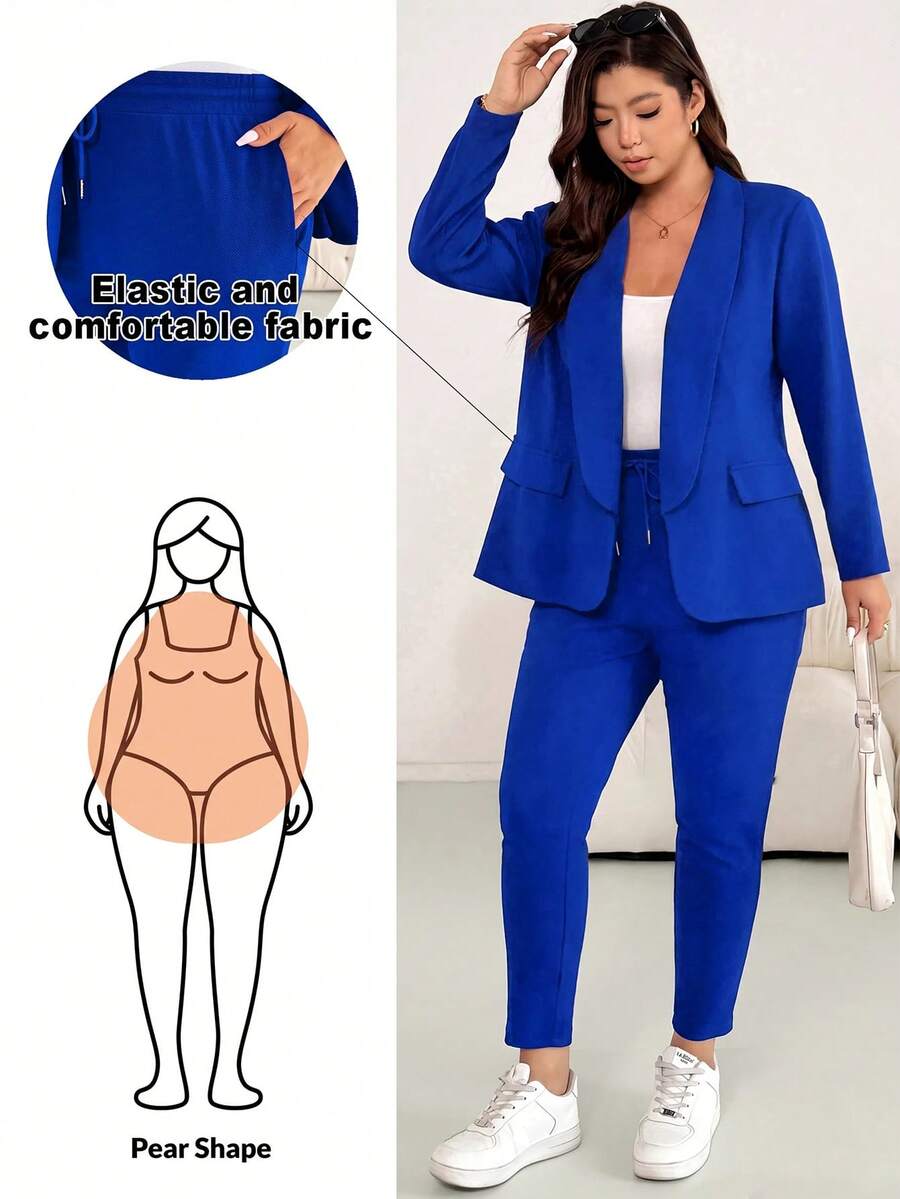 Shapeblank Plus Size Casual Commute Solid Color Jacket & Pants 2 Pieces Set Fall