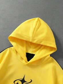 ROMWE MEN Men's Patchwork Striped Functional Style Printed Streetwear Hoodie - Yellow - View 3
