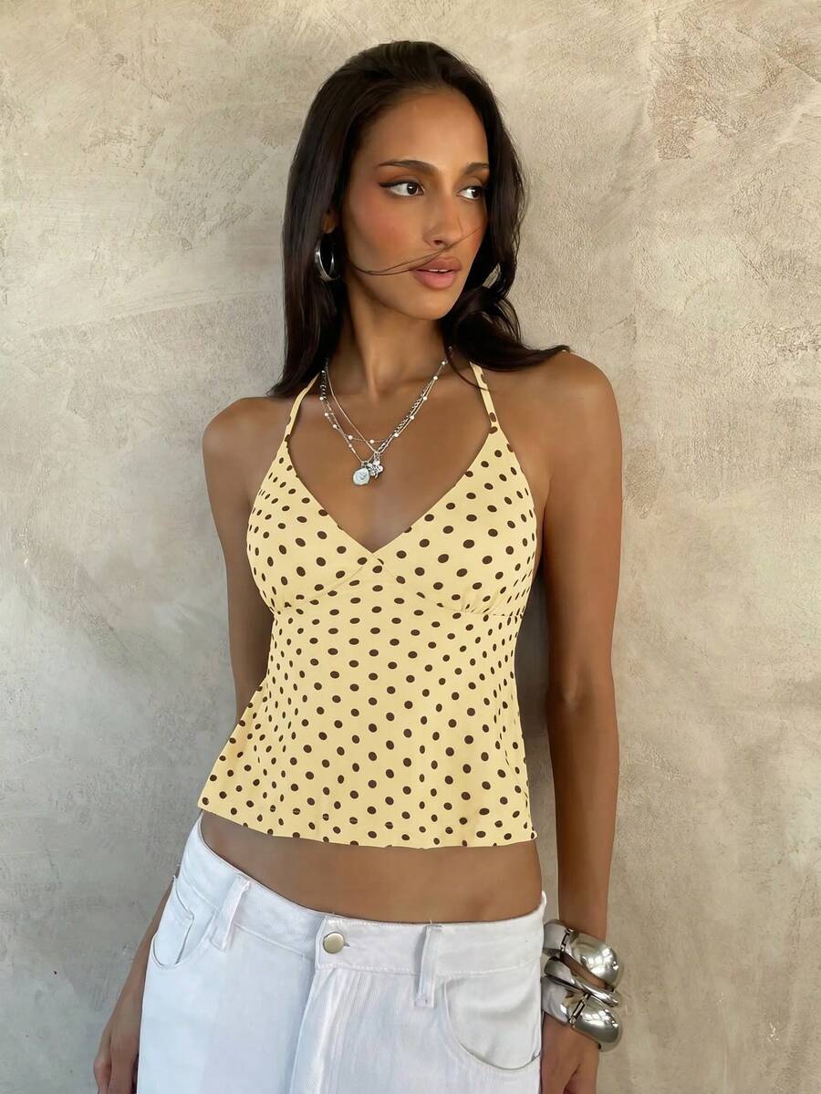 Aloruh Débardeur élégant rétro vintage années 80 70 sexy à pois noirs dos nu Y2K hot girl festival de musique vacances été brunch - Jaune citron - Voir 1