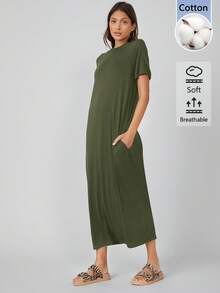 SHEIN BASICS 女款純色休閒基礎款夏季長洋裝，軍綠色，適合日常、白天穿著、旅行度假 - 軍綠色 - 查看 3
