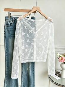 INAWLY 女款法式刺繡單排扣透視長袖防曬上衣 - 白色 - 查看 4