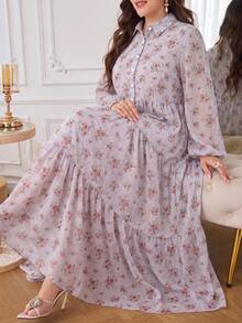 Al Najma 休閒雪紡花卉印花長袖分層寬鬆標準版型春/夏大尺碼女款阿拉伯風洋裝 - 彩色 - 查看 3