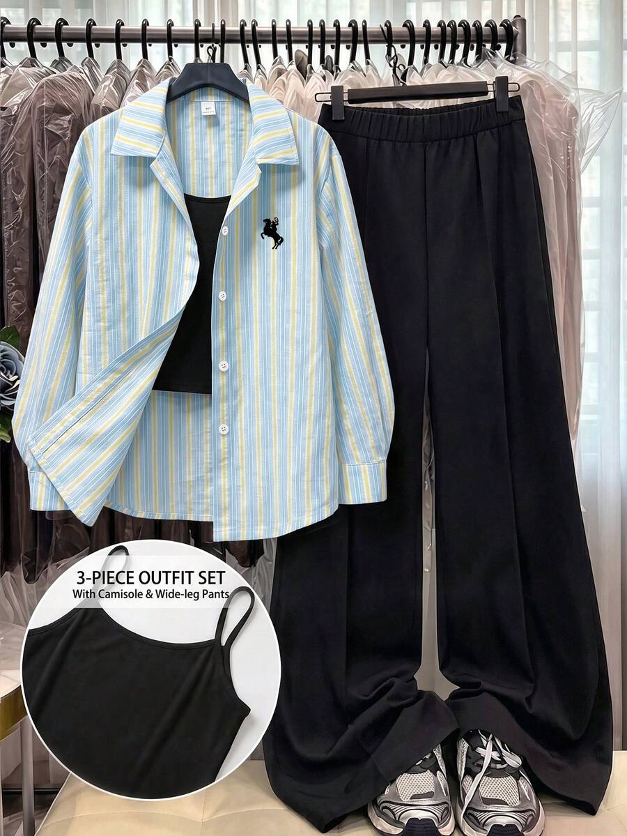 SHEIN 3件套黃色長袖條紋數位印花襯衫、黑色長褲、背心,適合春夏外出穿著 - 藍色 - 查看 1