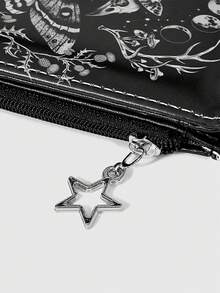 ROMWE Goth 1個哥德式暗色中性錢包，蛾與骷髏創意設計圖案，龐克十字拉鍊零錢包，休閒時尚卡包 - 黑色飛蛾與骷髏 - 查看 5