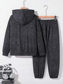 SHEIN 兒童 2 件組 青少年男孩休閒字母印花雪花連帽衛衣與運動長褲 - 黑色 - 查看 3