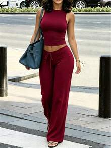 INAWLY Solva Casual Solid Color Tank Top And Pants 2 Pieces Set - Burgundy - View 1