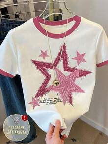 少女星形印花宽松休闲撞色条纹圆领T恤，适合夏季、日常穿着、返校季、姐妹装、度假等场合。 - 彩色 - 查看 1
