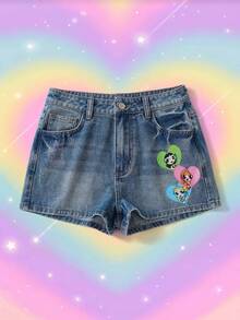 THE POWERPUFF GIRLS X SHEIN Women's Cartoon Pattern Pocket Casual Denim Shorts - Blue - View 3
