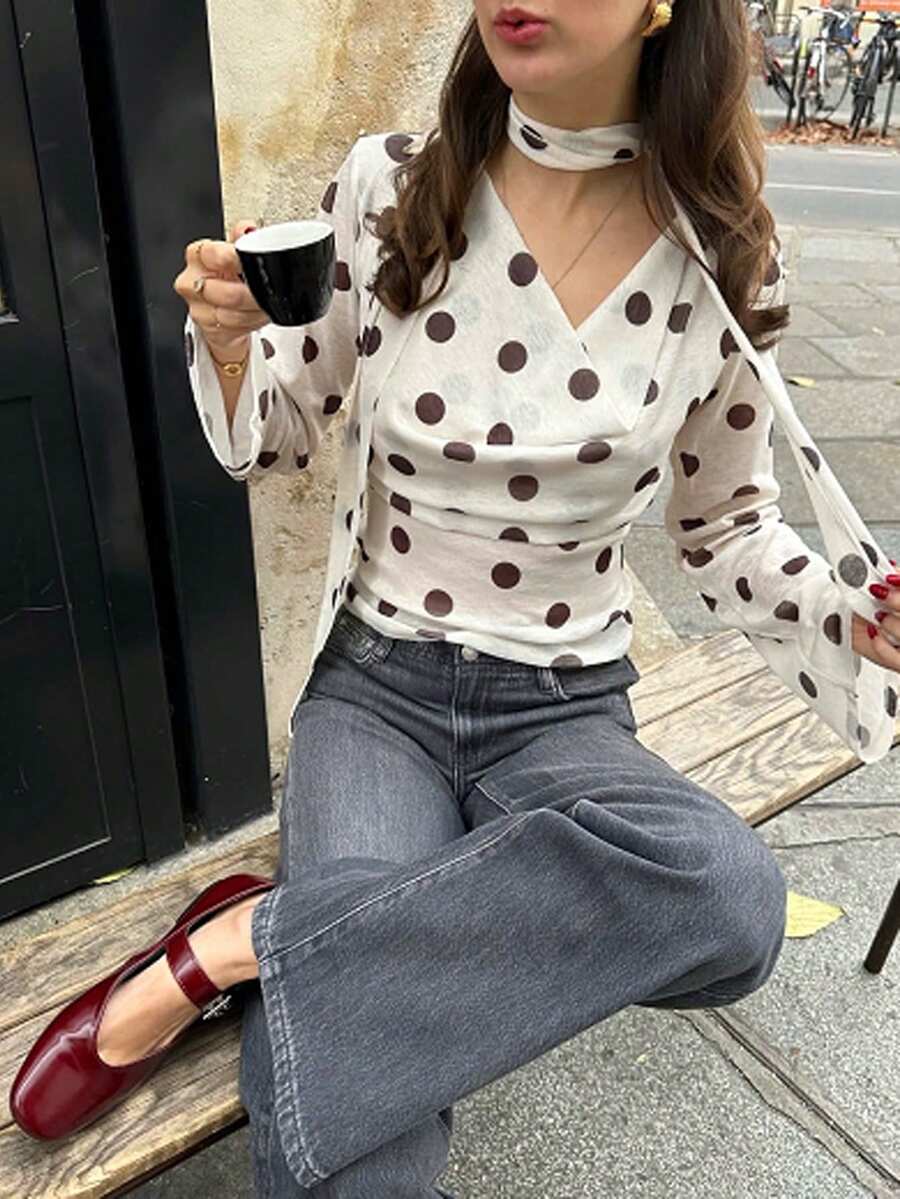 Serisse 女款波點印花垂領長袖休閒T恤 - 米色 - 查看 1