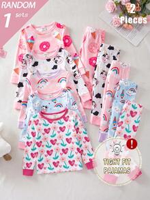 SHEIN Genkimix Kids 2件/1套女嬰夏季可愛迷人白色底粉色愛心與花卉印花、荷葉邊下擺、俏皮活潑。適合女嬰夏季戶外玩耍圓領套頭長袖長褲針織面料舒適柔軟高彈性面料修身款家居服兩件套睡衣 - 彩色 - 查看 3