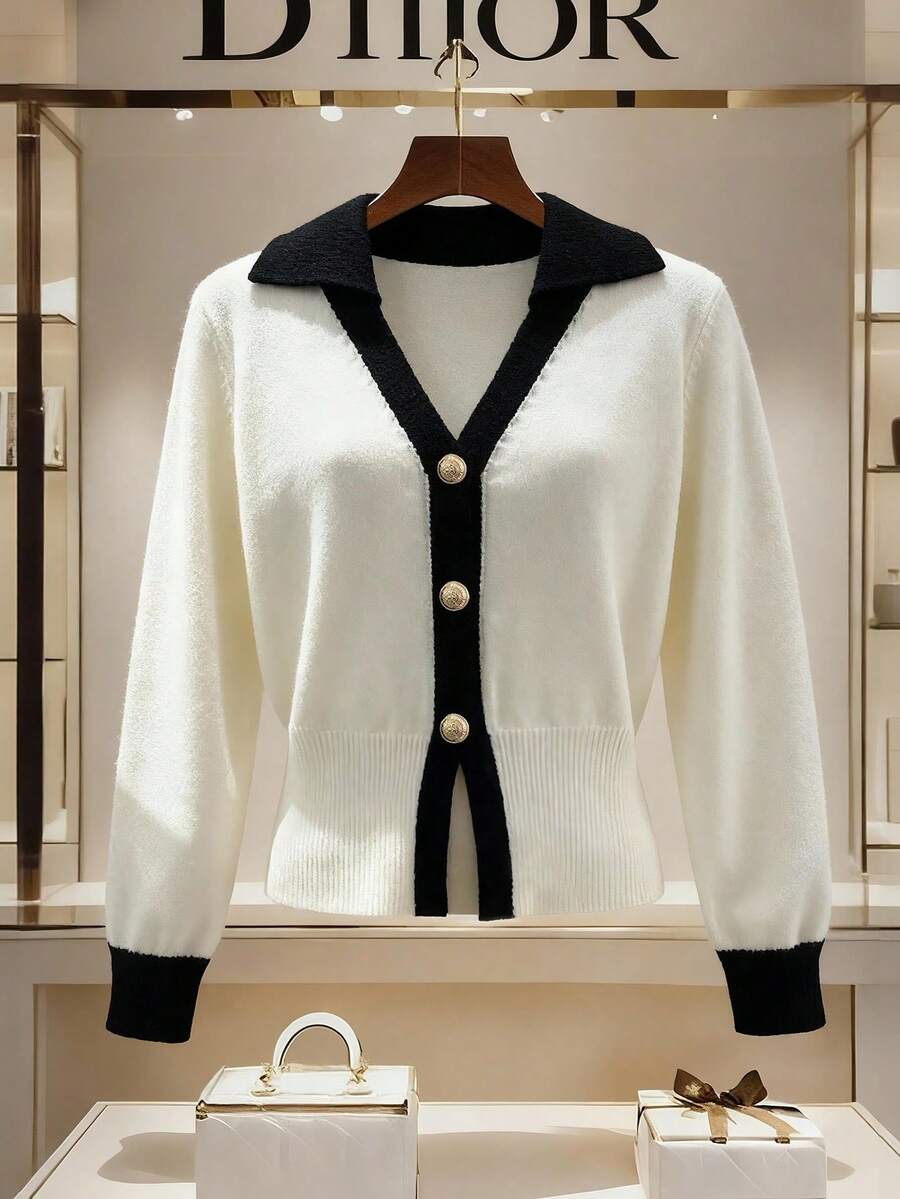 Franclia Women's Elegant Black And White Contrast V-Neck Button Cardigan,Autumn Office Ribbed Long Sleeve Knit Sweater Top,Versatile Daily Commute Knitwear - Black and White - View 1