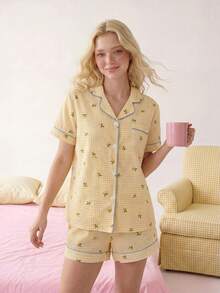 Eraneu Women's New Lemon Plaid Print Button-Front Short Sleeve Shorts Pajama Set - Yellow - View 1
