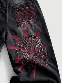 ROMWE MEN Jeans de mezclilla para hombre con ajuste holgado y patrón bordado de telaraña - Negro - Ver 2