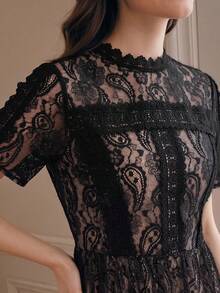 Anewsta Vestido elegante y versátil de verano nuevo con manga corta, capas de encaje y volantes en el bajo - Negro - Ver 2