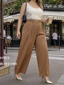 SHEIN MOD Plus Size Brown Elegant Casual Commuter Wide Leg Suit Pants Metal Chain Decor Long Urban Modern Office Formal Workwear Young Lady Summer - Rust Brown - View 1