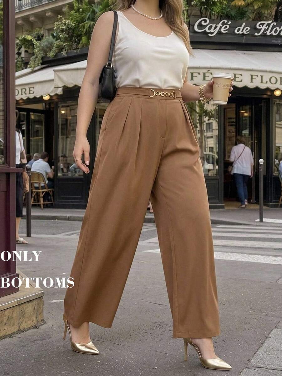 SHEIN MOD Plus Size Brown Elegant Casual Commuter Wide Leg Suit Pants Metal Chain Decor Long Urban Modern Office Formal Workwear Young Lady Summer - Rust Brown - View 1