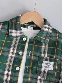 SHEIN 男童拼接長袖襯衫，附口袋，字母印花，休閒時尚百搭 - 綠色 - 查看 8