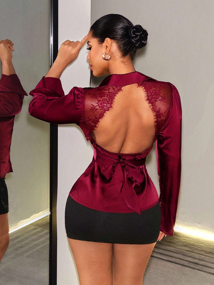 BamGleam Women's Backless Lace Trim Deep V-Neck Burgundy Satin Blouse