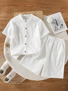 Set de 2 piezas Camisa casual blanca arrugada y shorts blancos para adolescentes, de tela suave y cómoda, adecuado para salidas, fotografía, deportes, vacaciones, todas las ocasiones, conjunto de verano esencial para adolescentes - Blanco - Ver 3