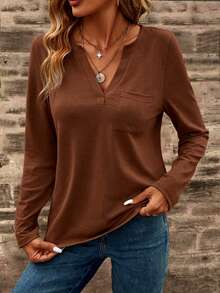 EMERY ROSE Spring/Autumn Casual Versatile Solid Color Notch Neck T-Shirt - Rust Brown - View 3
