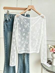 INAWLY 女款法式刺繡單排扣透視長袖防曬上衣 - 白色 - 查看 2