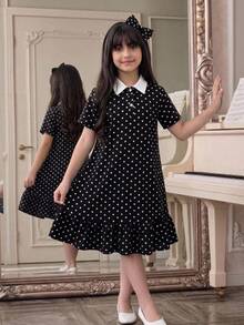 SHEIN 兒童青少年女孩 Polo 領撞色拼接黑白波點印花寬鬆 A 字裙擺荷葉邊洋裝 休閒學院風通勤時尚返校穿搭 - 黑與白 - 查看 5