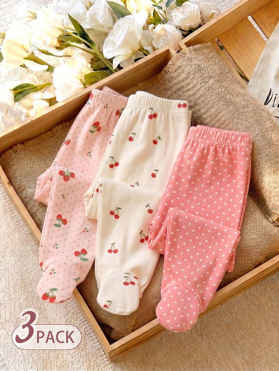 SHEIN 3件組新生女嬰連腳褲 甜美櫻桃紅與淺粉色櫻桃草莓印花 1歲生日秋季保暖公主風 Y2K