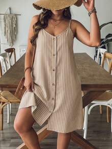 SHEIN VCAY Casual Vacation Vintage Apricot Striped Print Plus Size Women's Dress, Suitable For Summer, Dating And Party - Multicolor - View 4