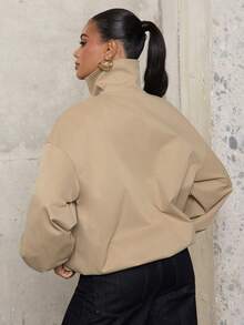 Hauture Women's Casual Oversized Half Zip Stand Collar Pockets Outerwear Trucker Jacket, Perfect For Fall, Commuter Friendly, Travel, Office Wear - Khaki - View 2