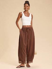 Travachic Women's Solid Color Contrast Lace Trim Lantern Pants Loose Casual Elastic Waist Long Pants Squishy's - Coffee Brown - View 3