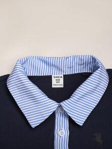 SHEIN 兒童青少年女孩復古 POLO 領拼接條紋長款藍色洋裝，適合休閒日常穿著、通勤與返校 - 藍色 - 查看 4