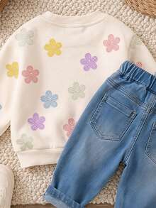 奶油白可愛甜美刺繡花卉圖案女嬰休閒極簡厚實柔軟舒適圓領套頭運動衫，適合秋冬日常穿著，秋季氛圍、冬季時尚、南瓜季、萬聖節 - 彩色 - 查看 5