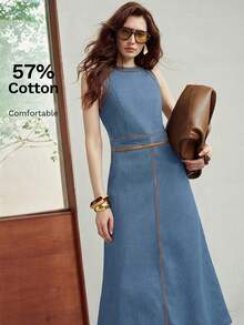 MOTF PREMIUM WOMEN'S SUMMER DENIM & LEATHER PATCHWORK SLEEVELESS WAIST-CINCHING DRESS - Medium Wash - View 7