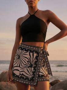 CAJUNI Women's Solid Color Halter Top And Floral Print Mini Skirt Casual Daily Outfit Set - Black - View 7