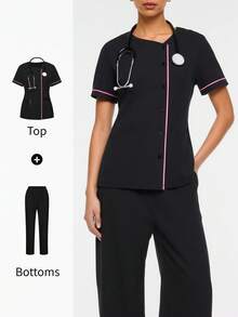 TaskEZ Nursing Uniform Set: Round Neck Short Sleeve Top And Pants Nursing Uniform Set, Suitable For Healthcare Professionals - Black - View 8