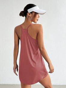 Easithlete Easithlete Vestido de unicolor para mujer con 2 en 1, con bolsillos y tirantes de espagueti - Rosa vieja - Ver 5