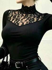 Cévolie Women's Lace Patchwork High Neck Base Layer Top - Black - View 3