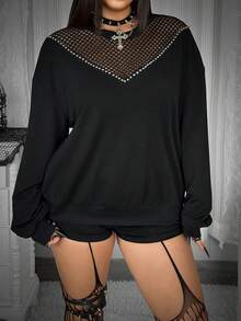 Whyspr Fashionable V-Neck Mesh Patchwork Loose Fit Versatile Long Sleeve Pullover Sweatshirt For Women Halloween - Black - View 7